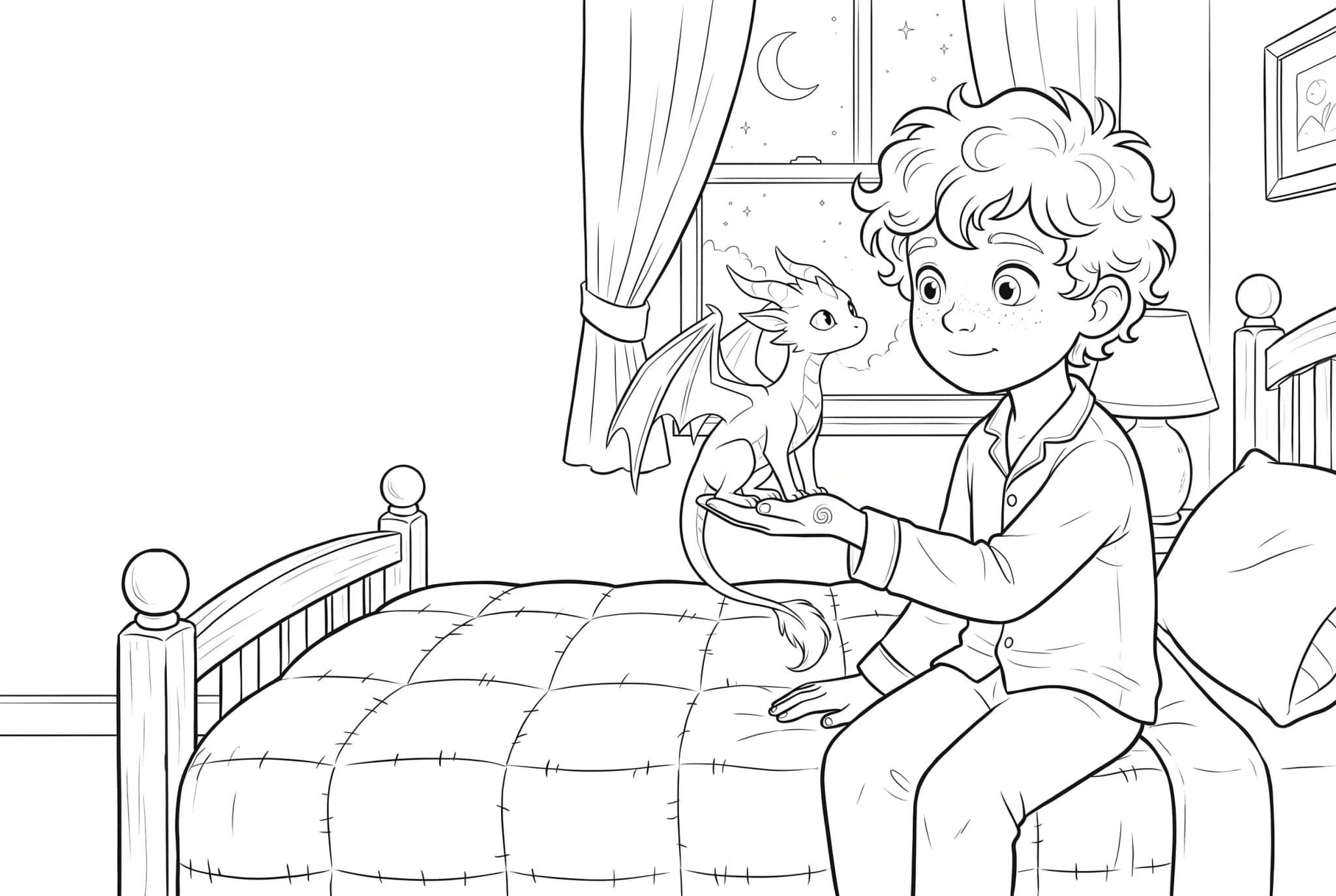 The same scene as a printable coloring page: black line art on white, ready to color.