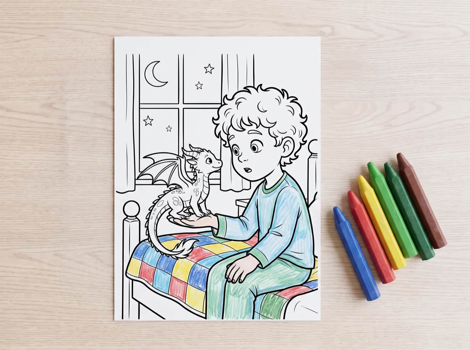 A portrait sheet of printer paper on the same pale oak table, showing the same scene as black line art, half filled in with wax crayon, a row of crayons resting beside it.