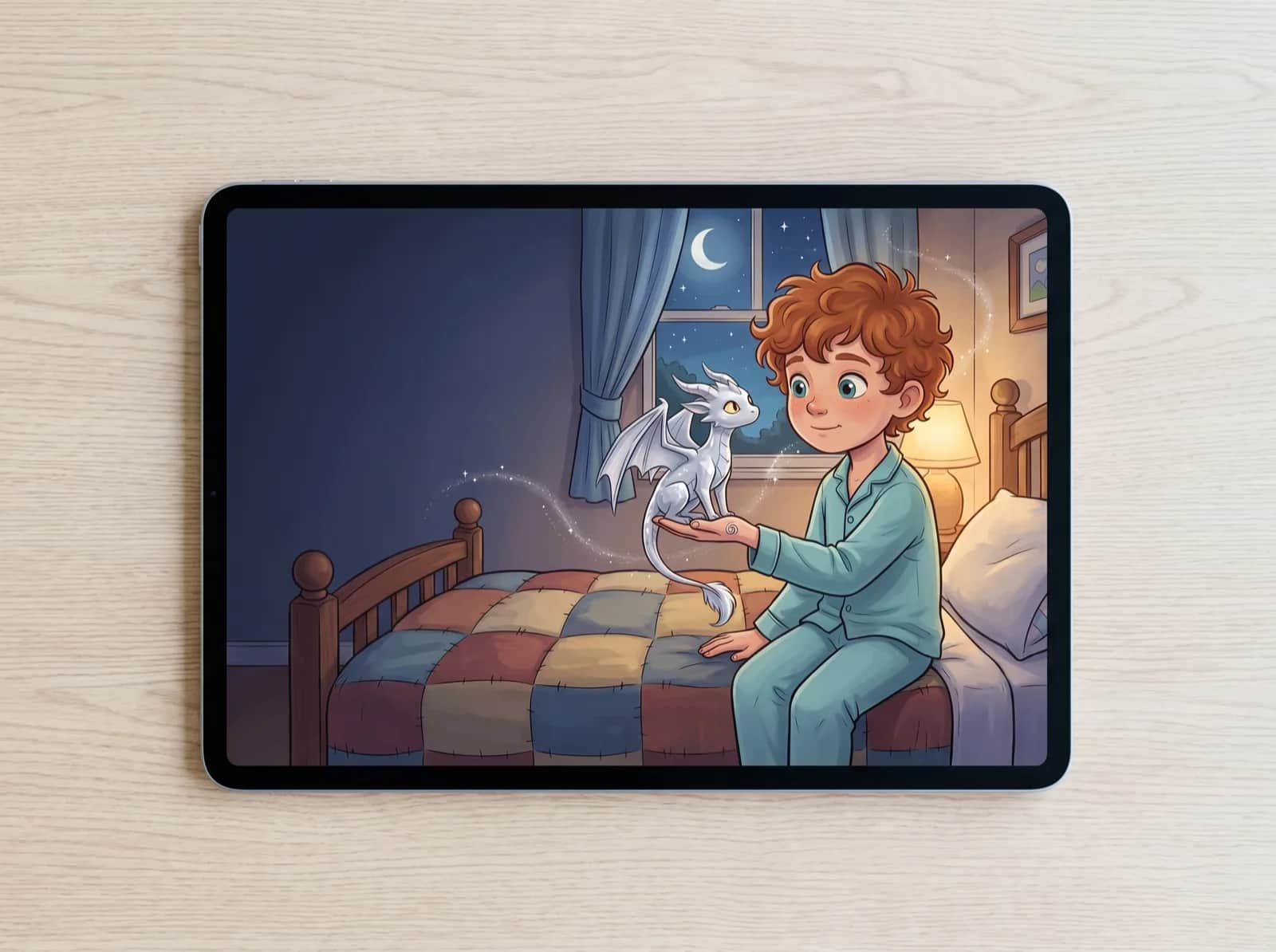 A tablet lying flat on a pale oak table, its screen showing a full-color storybook page: a boy in blue-teal pyjamas sitting on a patchwork quilt with a small silvery dragon perched on his open palm, a moonlit window behind them.