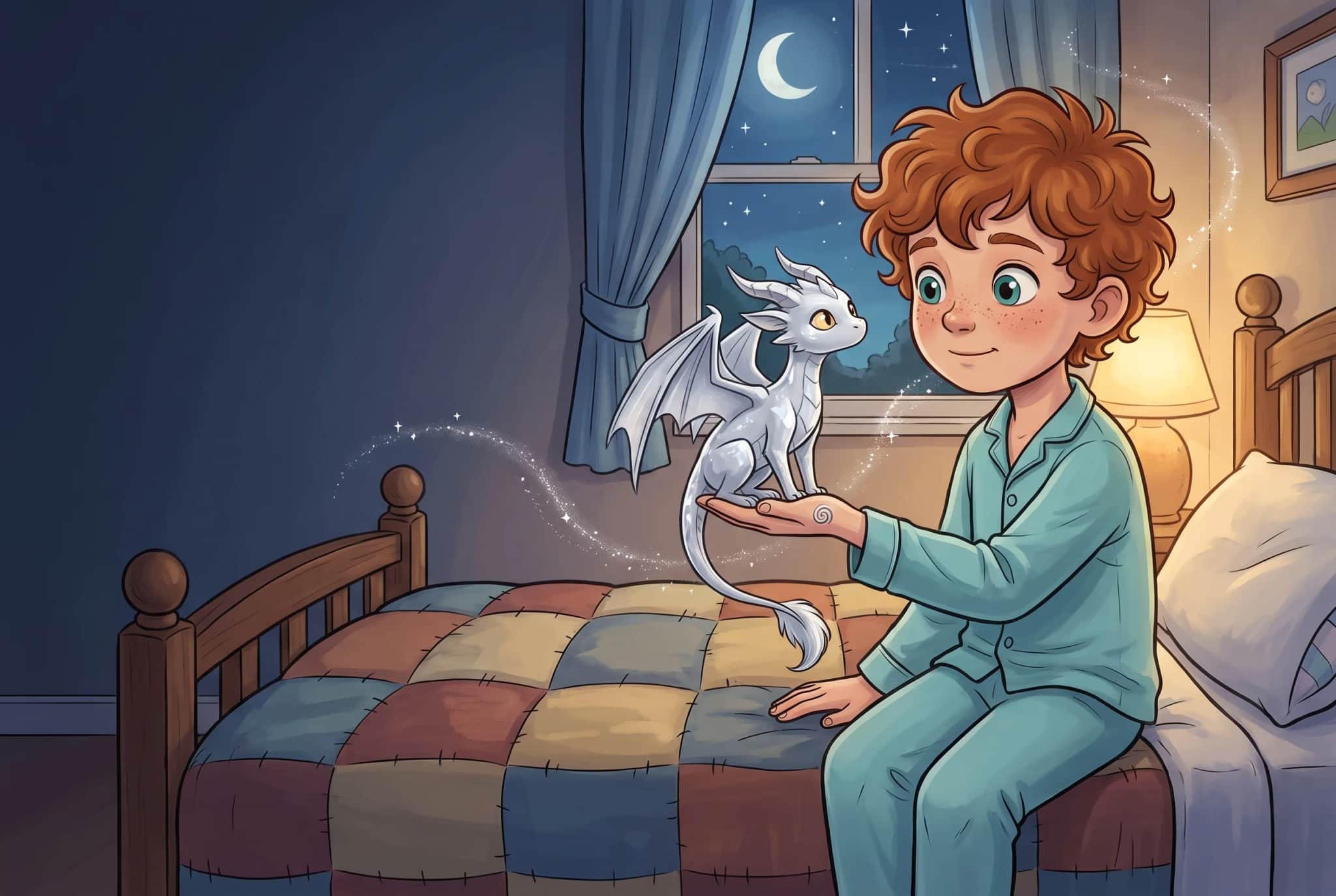 A storybook page read on screen: the same scene in full color.