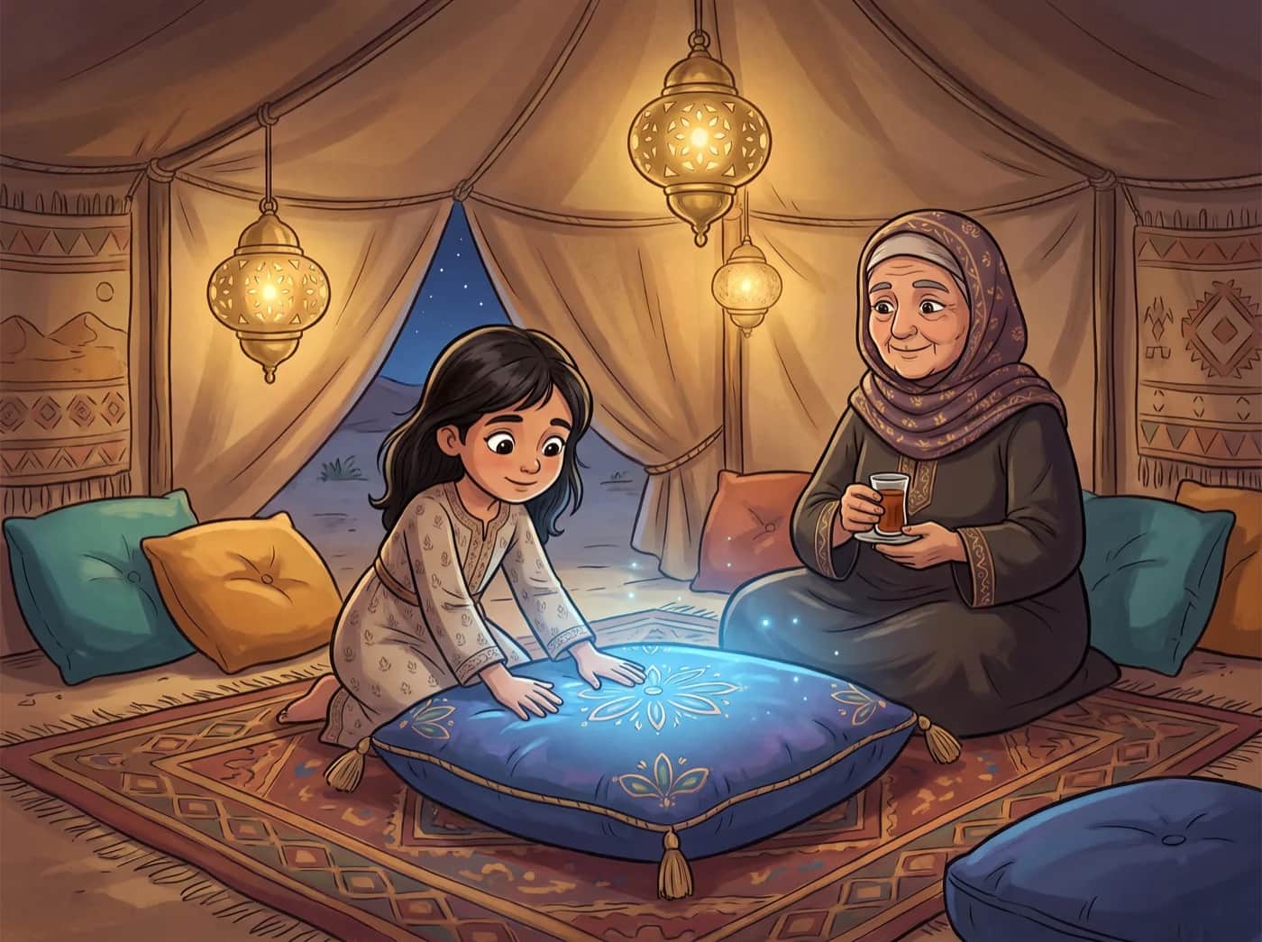 Desert Nights — Lantern-lit tents, a loom that weaves flying rugs, and an oasis folded out of paper. Warm nights and busy hands.