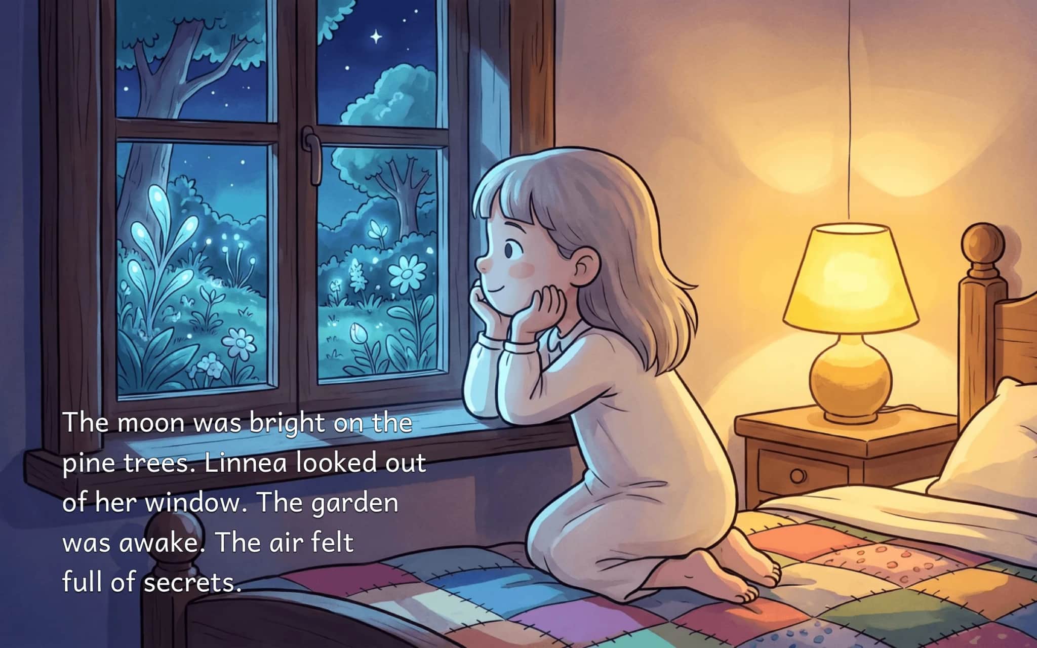 A page from The Garden’s Midnight Ball storybook: a girl in a nightdress kneels on her bed looking out at a moonlit garden, with the story text set on the left of the picture.