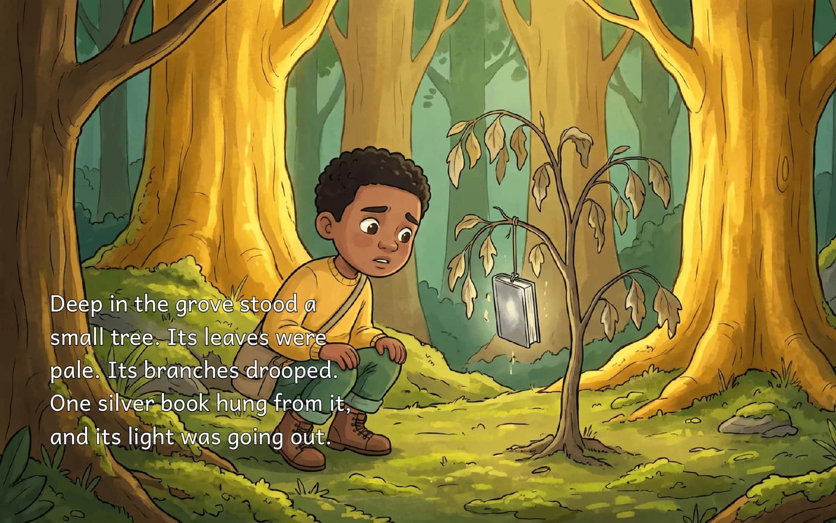 A page from The Library of Floating Leaves: a boy crouches beside a small drooping tree with one silver book hanging from it, in a golden forest, with the story text beside him.