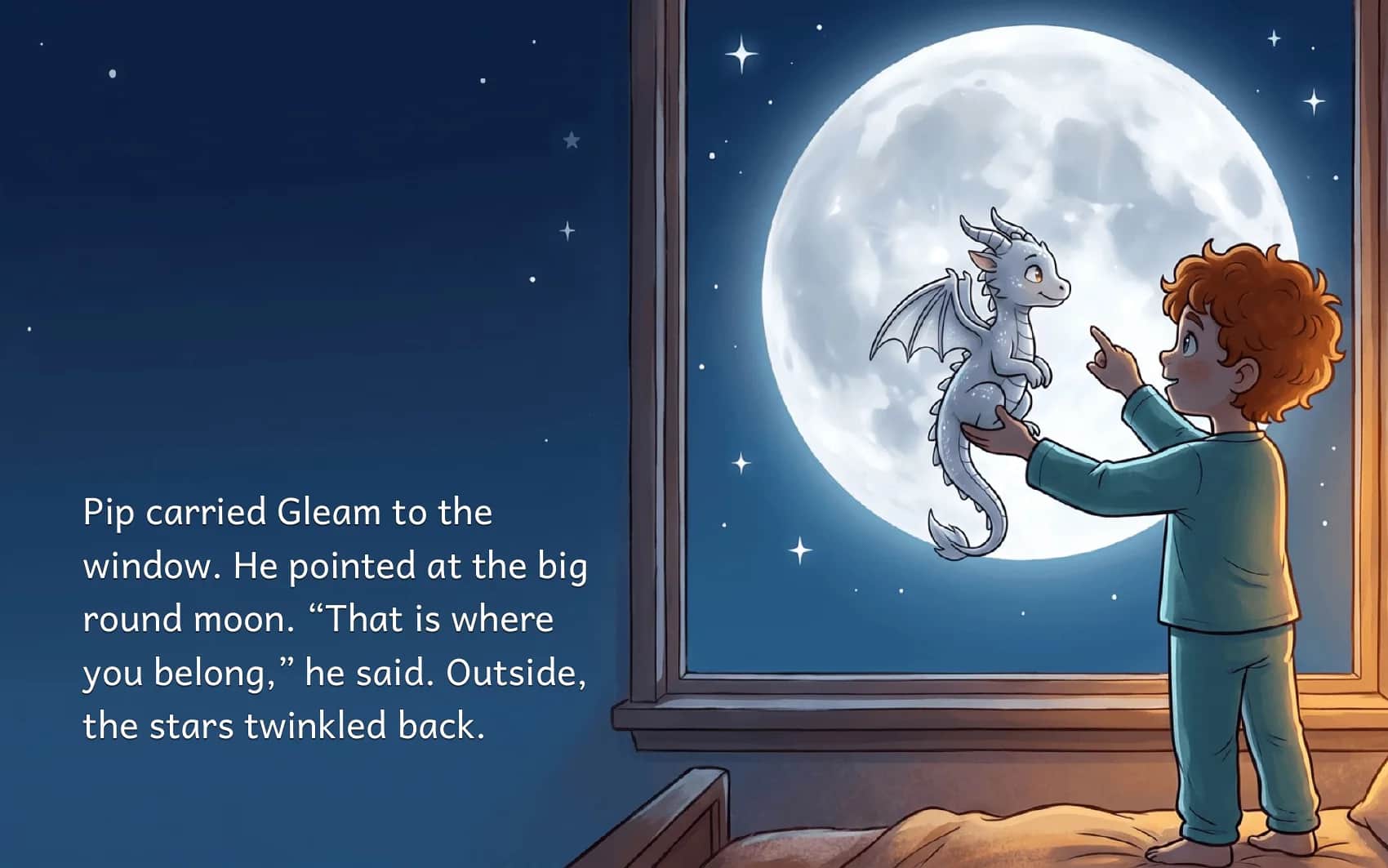 A page from The Stardust Dragon: Pip lifts the little dragon toward a huge full moon in the window, with the story text set on the left.
